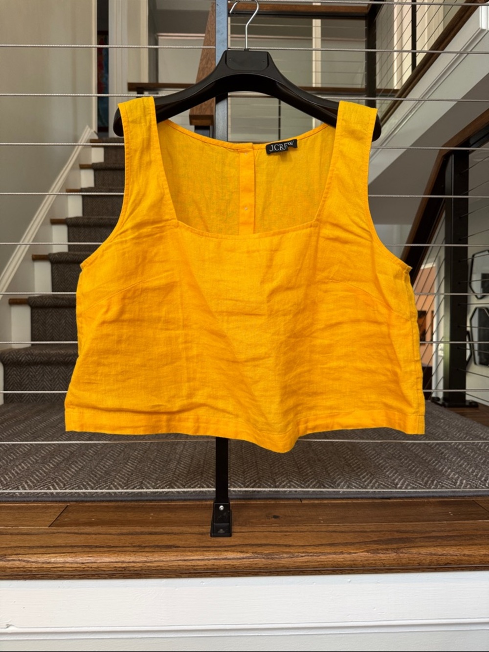 J.Crew Bright Square Neck Yellow Linen Cropped Tank Top with Button Back